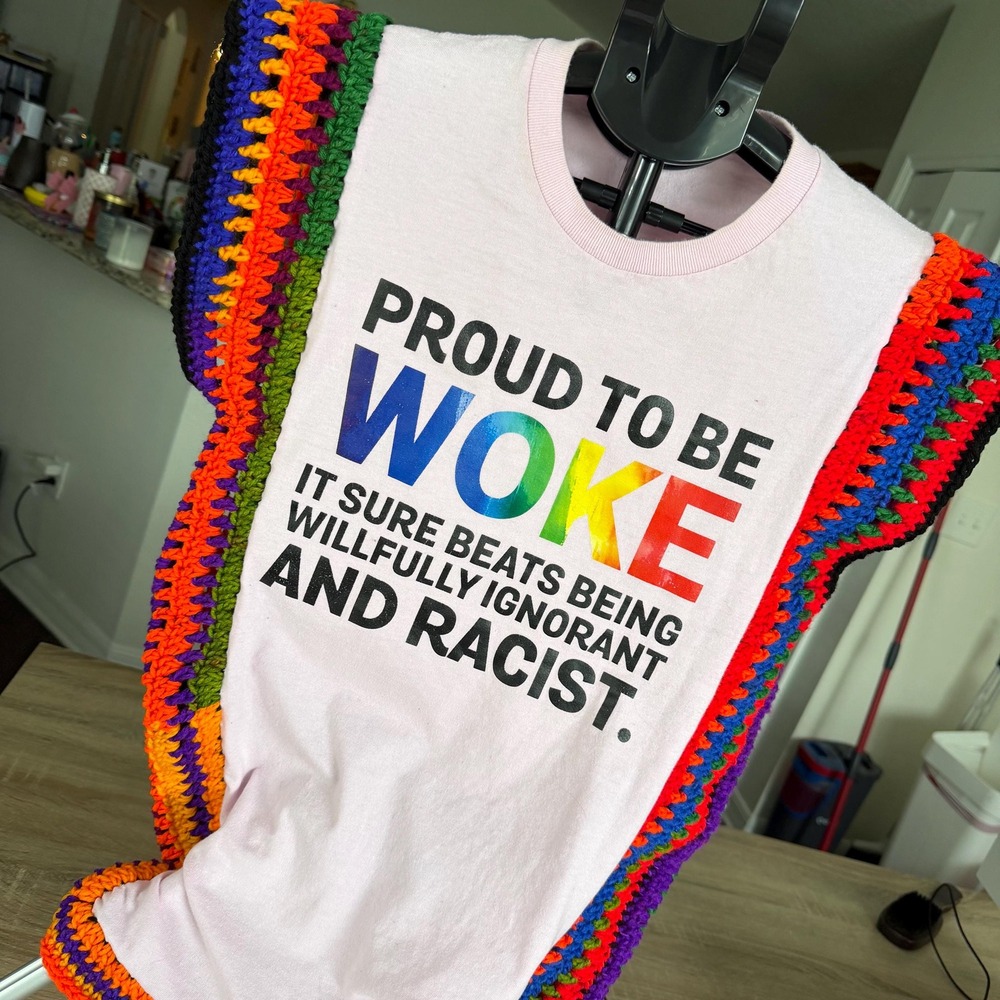WOKE upcycled with Crochet Pink Statement T shirt‎